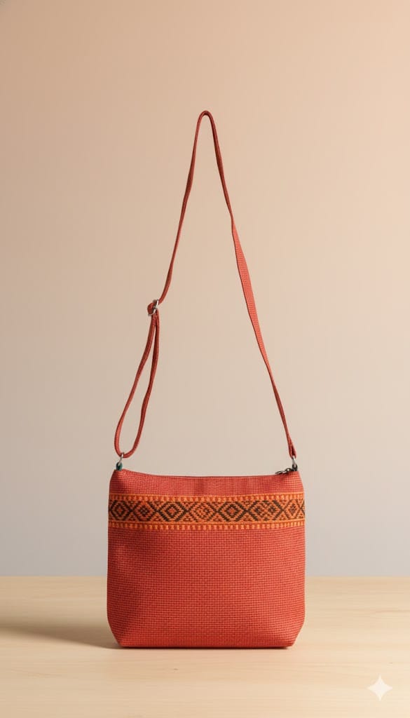 Handwoven Terracotta Crossbody Bag with Aztec Pattern and Adjustable Strap – Vaishali Creations