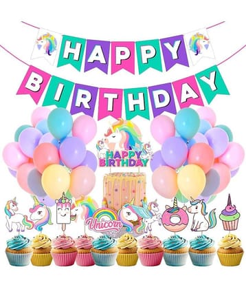 Zyozi Unicorn Birthday Decorations for Girls -37 Pcs Unicorn Party Supplies Kit included -Cake Topper, Banner ,Cup Cake Topper & Pastel Balloons