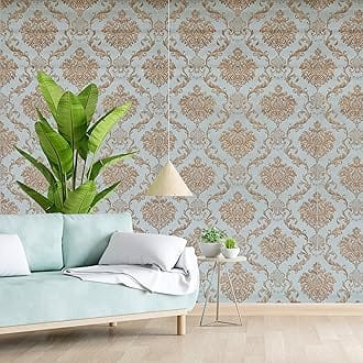 Eurotex Wall Paper for Wall Decor, Non Adhesive Wallpaper for Walls Living Room, Bedroom (53 x 1000 cm, Roll 57sqft, Sea Blue Damask Design)