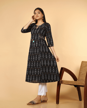 A Line Kurta in Black Ikat Cotton with Hand-embroidered Cinched Waist-M