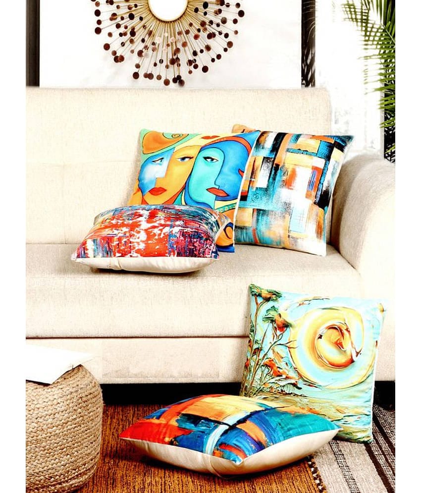 BELLA TRUE Set of 5 Polyester Abstract Square Cushion Cover (40X40)cm - Multicolor