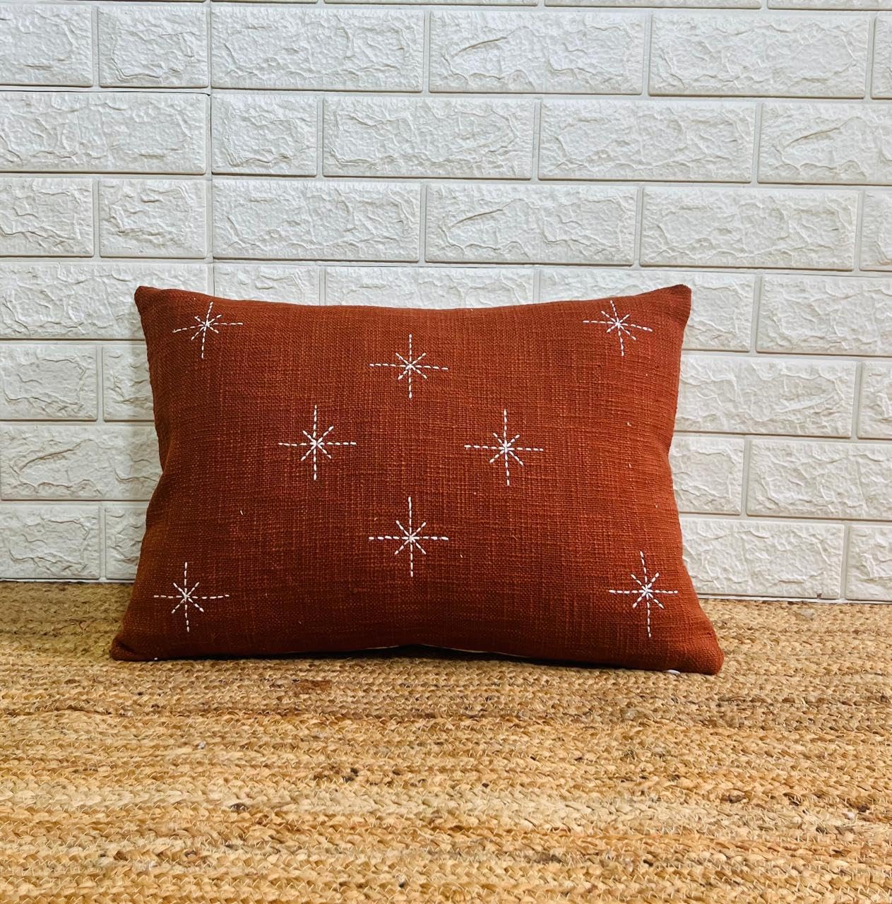 Indihomecraft Handicraft Cotton Cushion Cover - Hand Stitched Embroidery Decorative Art Boho Pillow Star Shape Red Brick Hand Made Pillow Cover | Square Shape 14X20 Inches Cushion Cover