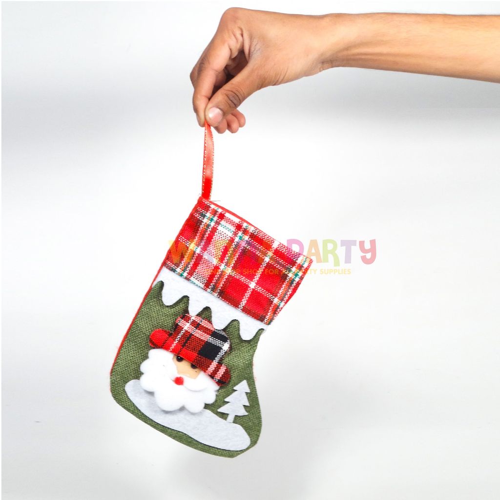 Red & White Chequred Christmas Stockings with Christmas Tree Santa
