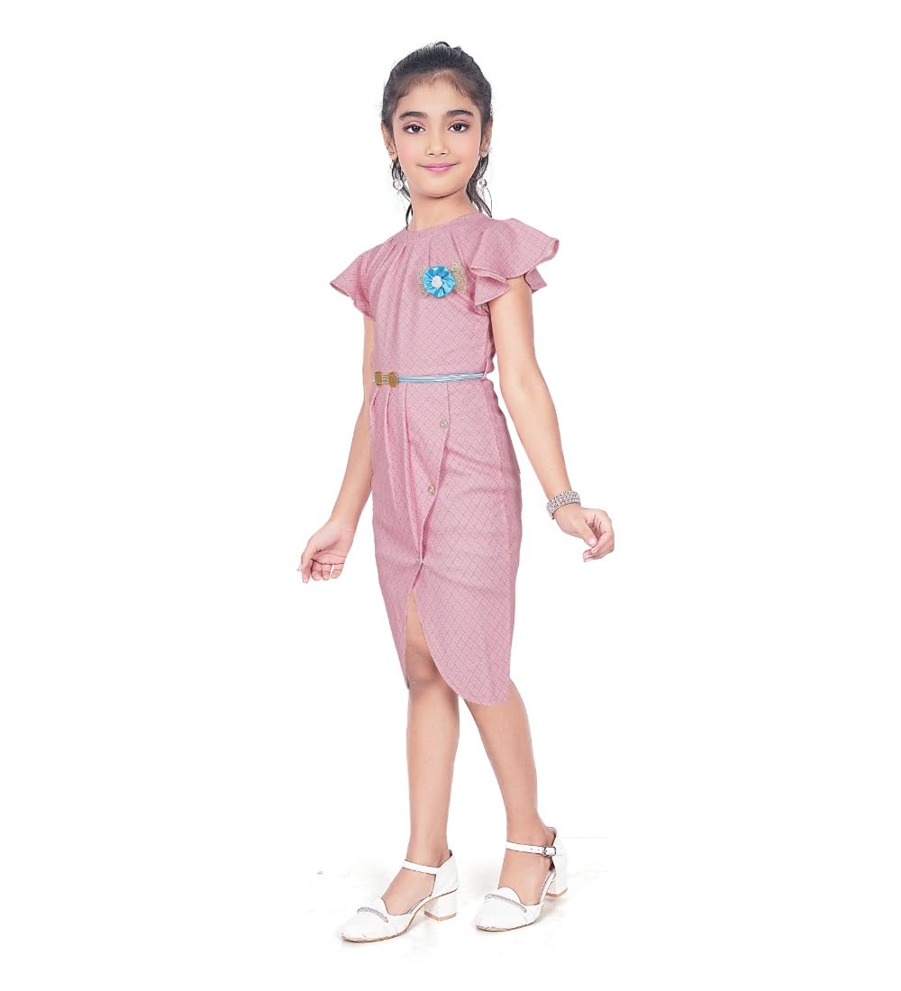 Girl's Knitted Striped Short Sleeve Close Neck Dress (Pink, 8-9_Yrs)-PID63791