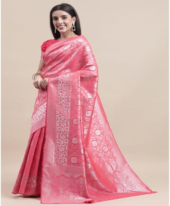 Women's Kanjivaram Silk Designer Silver Weaving Saree with Unstitched Blouse (Pink, 5.50 Mtrs)