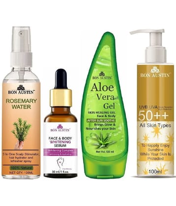 Bon Austin Rosemary Water | Hair Spray For Regrowth | Hair Growth Expert 100ml, Face and Body Whitening Serum 30ML, UVA & UVB Protection Sunscreen 100ml & Multipurpose Aloe Vera Gel 130ml - 