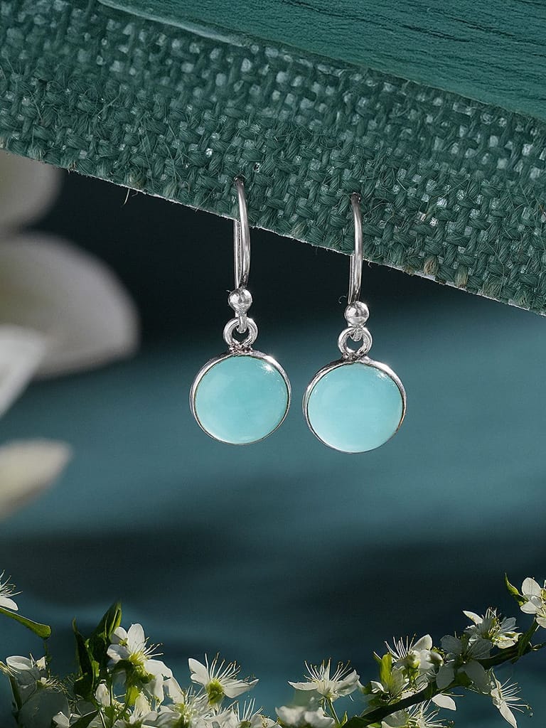 925 Sterling Silver Mint Green Aqua Stone Studded Minimal Handcrafted Drop Earrings - Earrings | Buy online on ZillyBuy