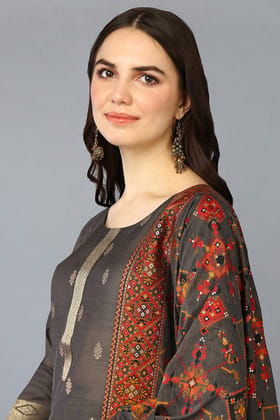 Grey Silk Blend Ethnic Motifs Straight Suit Set PKSKD1957 Grey Silk Blend Ethnic Motifs Straight Suit Set PKSKD1957