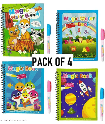 Reusable Magic Water Coloring Book for Kids – Quick-Dry Doodle & Painting Activity Pad with Magic Pen | Educational Drawing Book (Pack of 4)