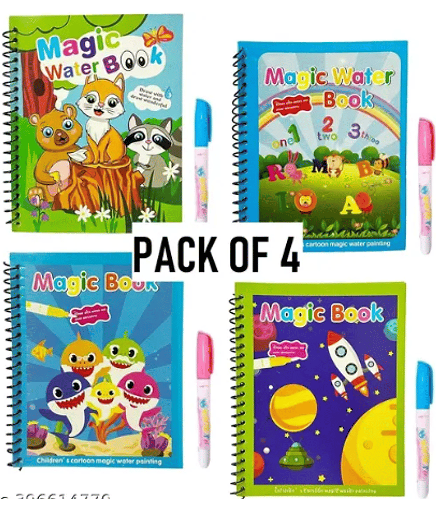 Reusable Magic Water Coloring Book for Kids – Quick-Dry Doodle & Painting Activity Pad with Magic Pen | Educational Drawing Book (Pack of 4)