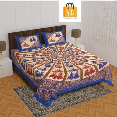 3001-Hometrade India-Standard King Size (90*108 Inches)-Pure Cotton Jaipuri Double Bedsheet With Matching Pillow Cover