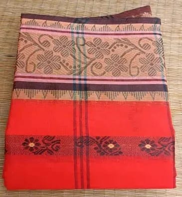 Vibrant Orange Saree with Black Details and Matching Blouse Set