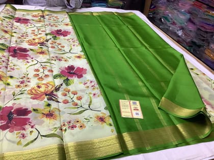 Grey Crepe Mysore Silk Printed Saree with Blouse