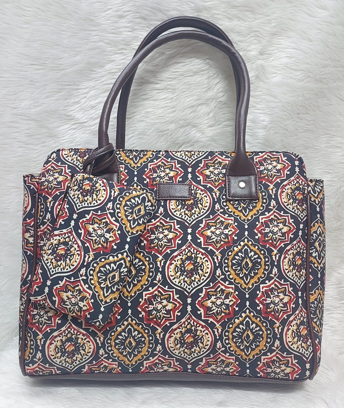 Multicolour Cotton Azrak Print Jute Tote Bag with Complimentary Pouch