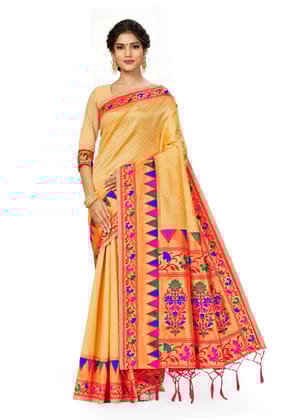 Generic Women's Banarasi Silk Saree (Cream, 5 - 6 Mtrs)