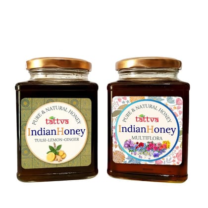 IndianHoney Himalayan Multiflora & Tulsi Lemon Ginger Honey Combo (Pack of 2) | Pure & Natural | 1kg (500g Each) | Unprocessed & Unfiltered Natural Sweetener