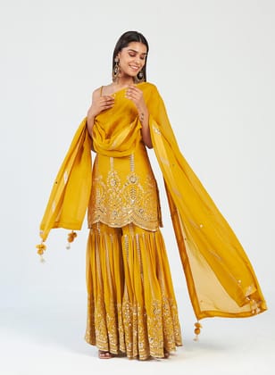 Ragini Mustard Sphagethi Sharara Set-XS / Yellow / Georgette