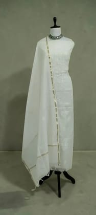 White Mul Cotton Chikankari Dress Material with Dupatta, Hand Embroidered
