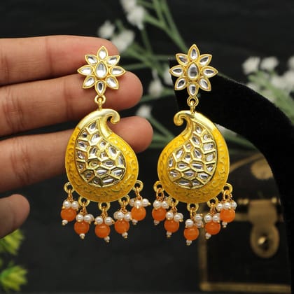 Yellow Color Meenakari Earrings (MKE1760YLW)-Length: 7.50 CM x Width: 2.50 CM / Yellow / Alloy With Good Quality Gold Plated
