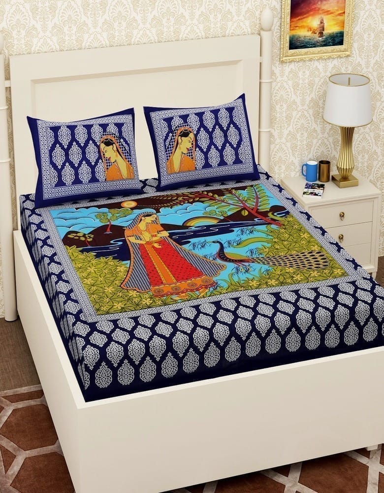 3001-Hometrade India-Standard King Size (90*108 Inches) Double Bedsheet With 2 Pillow Cover-RJ-14-Jaipur lining-3348