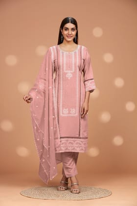 Straight Fit Embroidered Kurta with Pant  & Shiffon Duppatta-PEACH / M