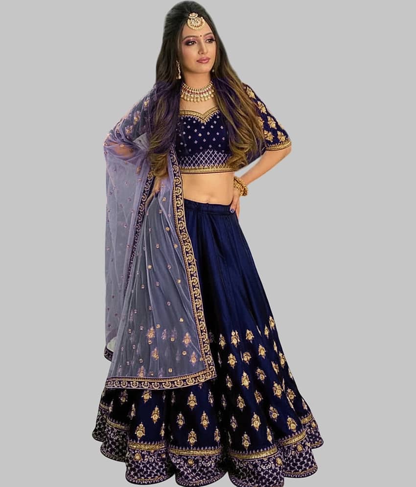 Aika Women Velvet Flared Semi Stitched Lehenga Choli ( Navy )