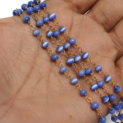 Glass Cats Eye Beaded Chain Round 4mm-Blue / Glass