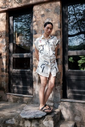 Sunrise Gather Dress Ecru Line Printed-XS
