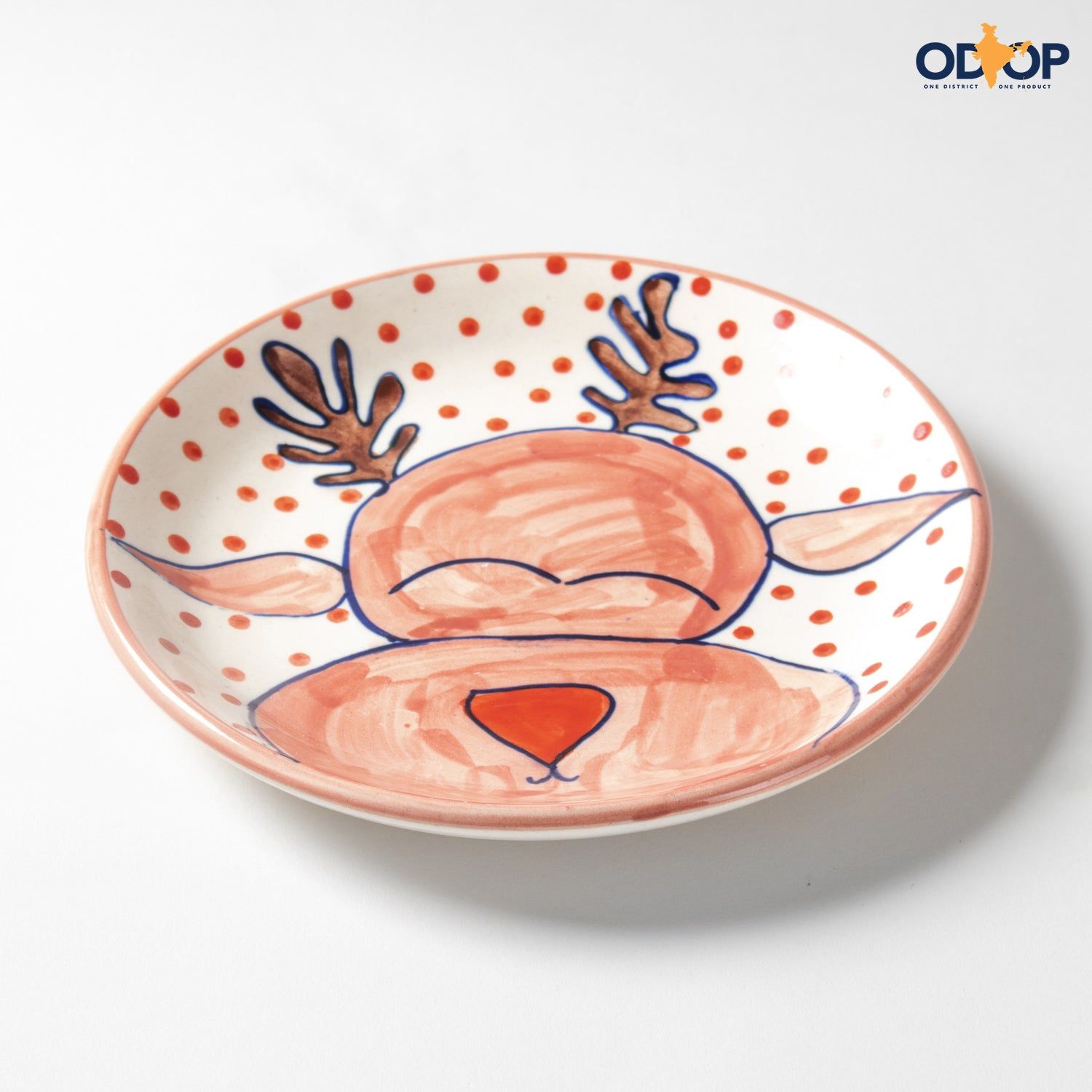 Hand Painted Reindeer Ceramic Breakfast Plate - 8"-Brown, Red, White / Ceramic