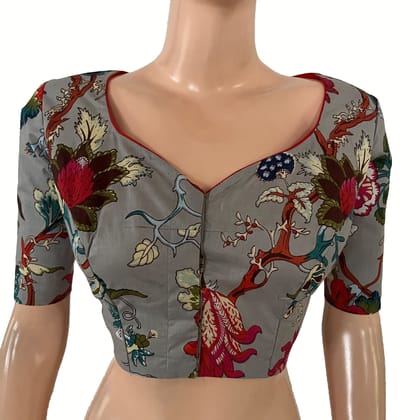 Printed Cotton Y Neck Blouse ,Grey,  BP1220-S