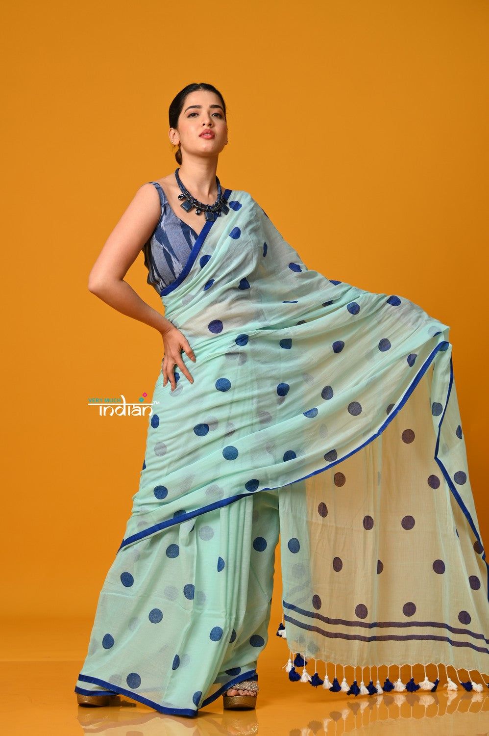 Param Sundari ~ Pure Mul Cotton Handloom Saree with Evergreen Polka Dots ~ Cyan Blue