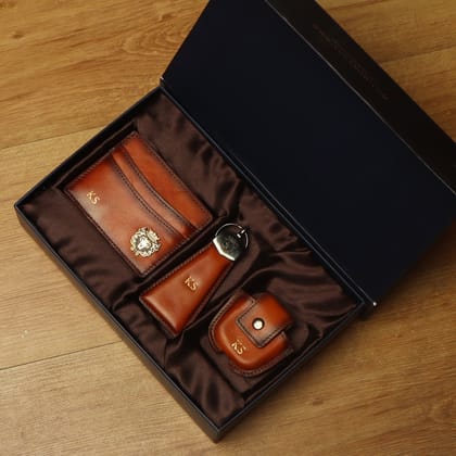 Customised Combo of Tan Leather Cardholder, Keychain & Airpod with Embossed Initial by Brune & Bareskin-FS