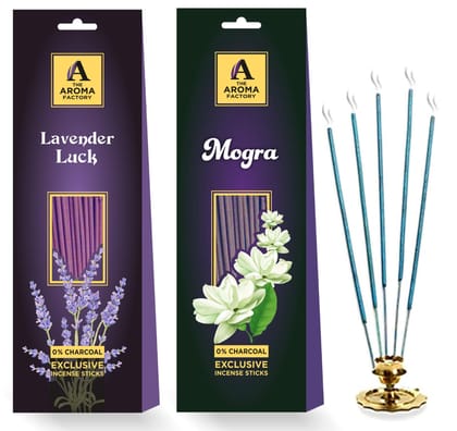 The Aroma Factory Mogra & Lavender Agarbatti for Pooja Incense Sticks,No Charcoal,100% Herbal Fragrance Agarbathi, 0% Surphates (Bottle Pack of 2x30 Sticks)