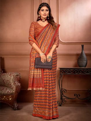 Handicraft Ladies Ikat Block Print Pure soft Cotton Sari With Blouse Piece