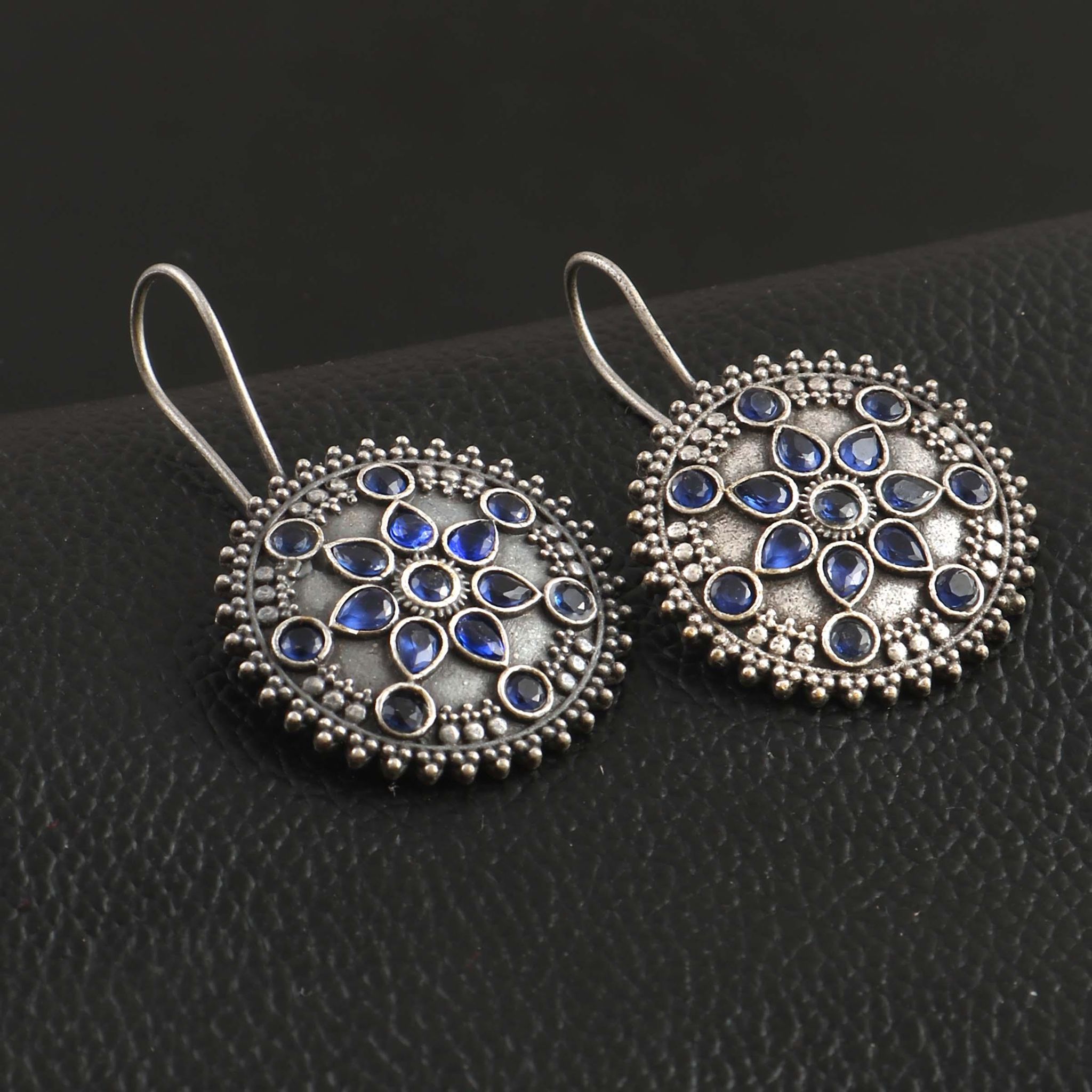 Rounded Floral Oxidised Hook Earrings | Sarichka-Blue