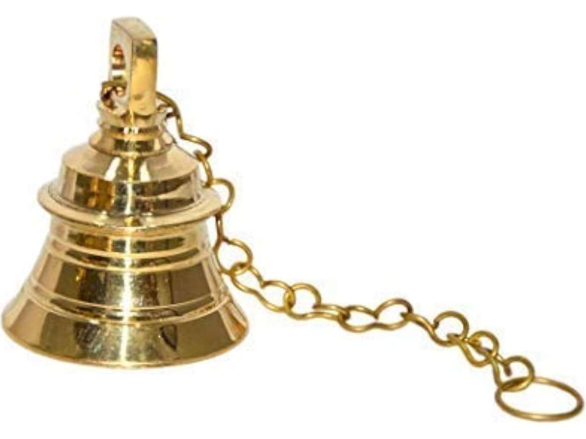 Aatm Handcrafted Brass Temple Bell with Chain - Traditional Indian Bell for Home, Door and Pooja Décor - 5 cm x 22.5 cm