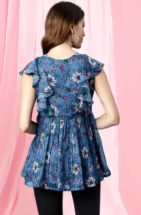 Blue Poly Georgette Floral Print Gathered Top Blue Poly Georgette Floral Print Gathered Top