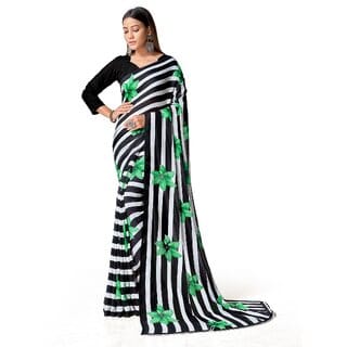 SVB Sarees Womens Black Colour Stripped Pure Georgette Flower Printed Saree With Blouse Piece