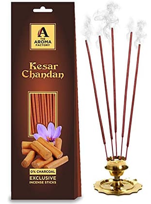 The Aroma Factory Kesar Chandan Agarbatti for Pooja, Saffron Sandal Incense Sticks, Charcoal Free & Low Smoke Agarbatti with Essential Oils & Natural Fragrance for Home, Offices (30Sticksx1Packet)