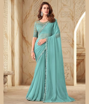 Satrani Chiffon Solid Saree With Unstitched Blouse Piece ( LightBLue )