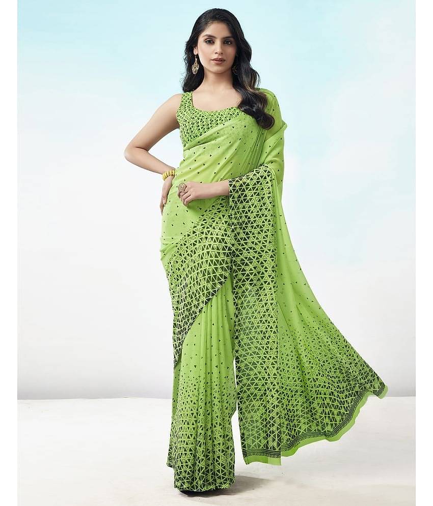 Samah Georgette Printed Saree With Unstitched Blouse Piece ( Green )