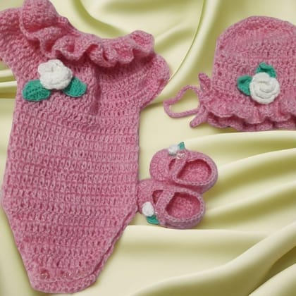 Handmade Crochet Baby Girl Thalposh Set - Pink Onesie, Hat & Booties Handmade Crochet Baby Girl Thalposh Set - Pink Onesie, Hat & Booties