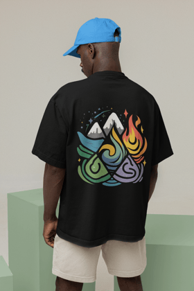 Elemente - Round Neck Drop Shoulder Graphic Printed Oversized Cotton T-shirt-S / Black
