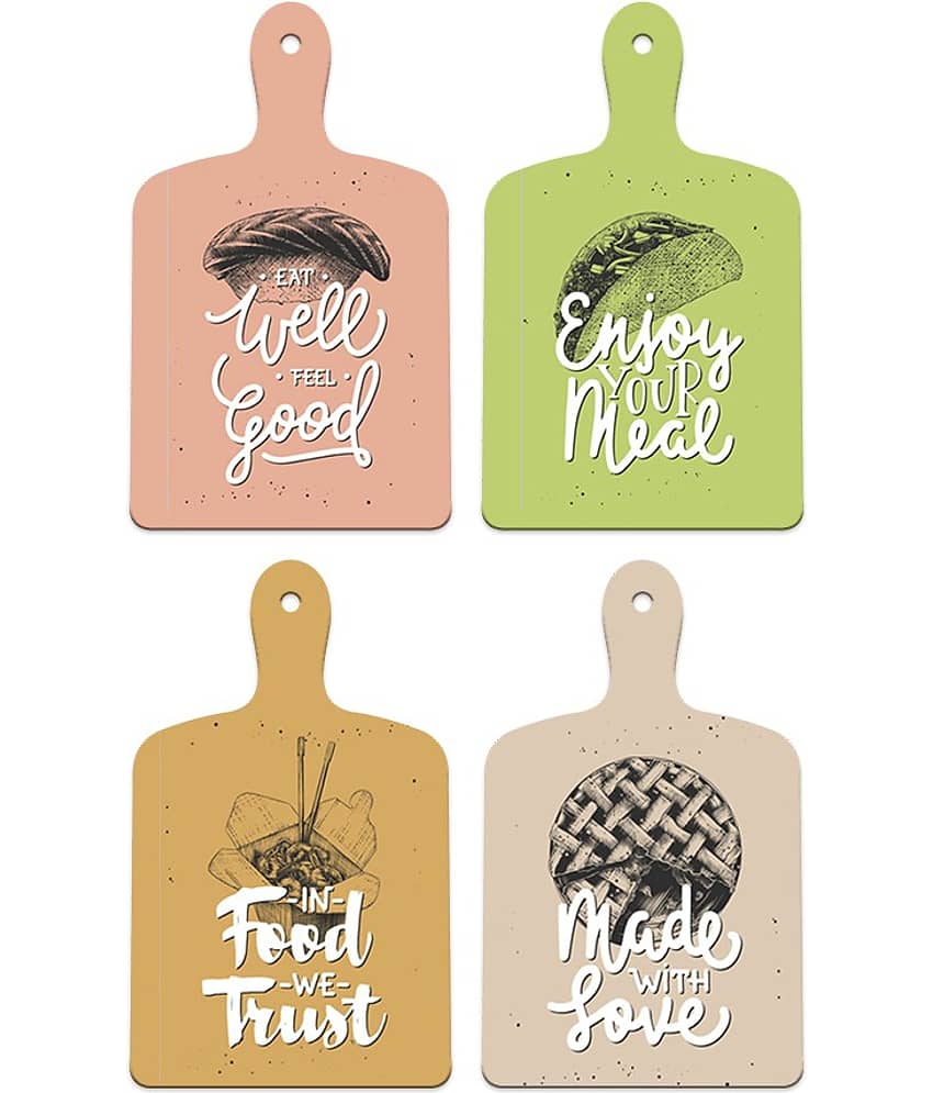 SAF Set of 4 MDF Kitchen Paddle Wall Hangings with Food Illustrations and Quotes | Eat Well Feel Good In Food We Trust Made With Love Enjoy Your Meal | Rustic Café & Home Décor
