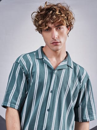 Terry Vertical Stripes Green Half Sleeve Shirt-S