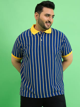 Men Plus Size Zephyr Blue Stripe Polo Tshirt - 3XL