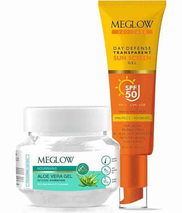 Meglow Aloe Vera Gel 100g + Day Defense SPF50 Sunscreen Gel 30ml - Skin Hydration & Sun Protection