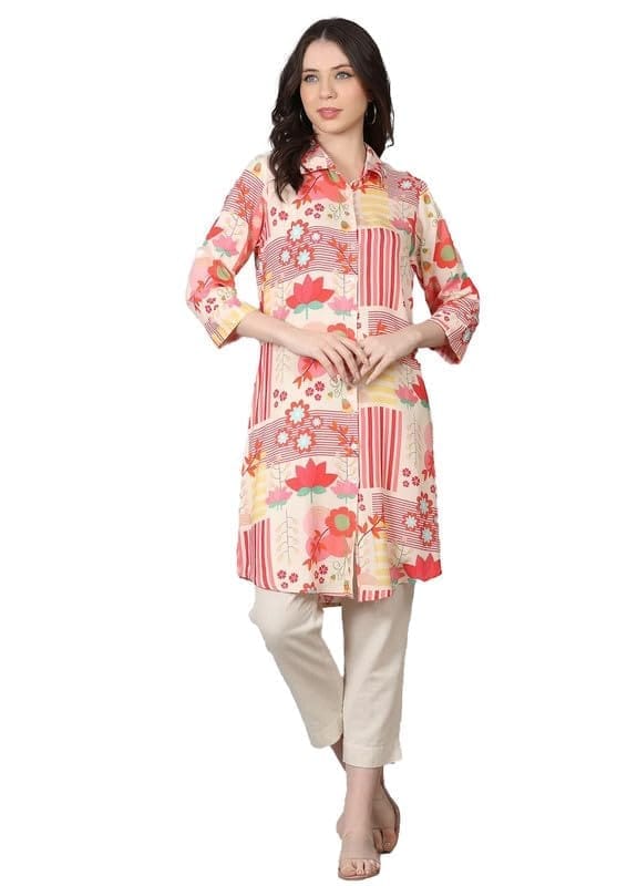 Women's Casual 3/4 Sleeve Viscose Rayon Printed Kurti (Pink, M)-PID46410