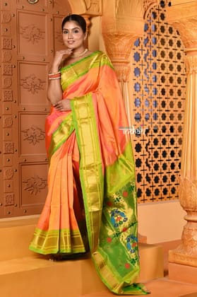 Shubh ~ Handloom Pure Silk Maharani Paithani with Majestic Maharani Pallu in Salient Orange