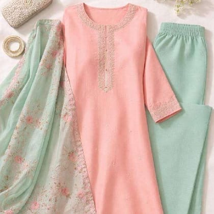Premium Muslin Kurti Set in Peach with Sea Green Pant